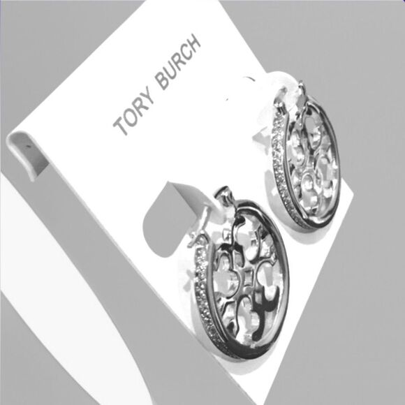 TORY BURCH HOOPS AND ZIRCON ACCENT EARRINGS - Picture 1 of 4